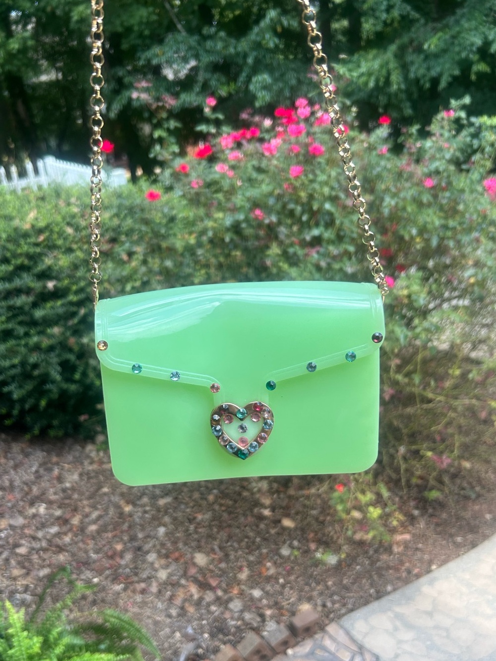 Neon Green Jelly Crossbody Bag Rhinestone Heart Gold Chain Y2K Purse
